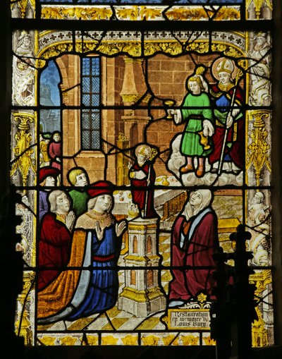 Window depicting the boy with the golden cup and the statue of St Nicholas by French School